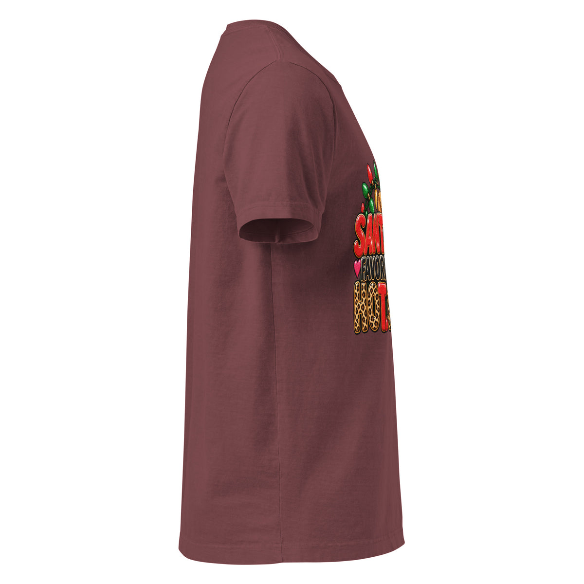 Santa’s Favorite Hot Mess Christmas graphic T-shirt in washed maroon, right-side view.
