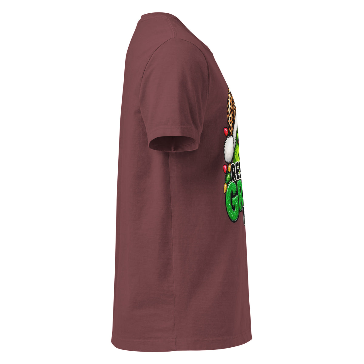 Resting Grinch Face Christmas graphic T-shirt in washed maroon, right-side view.