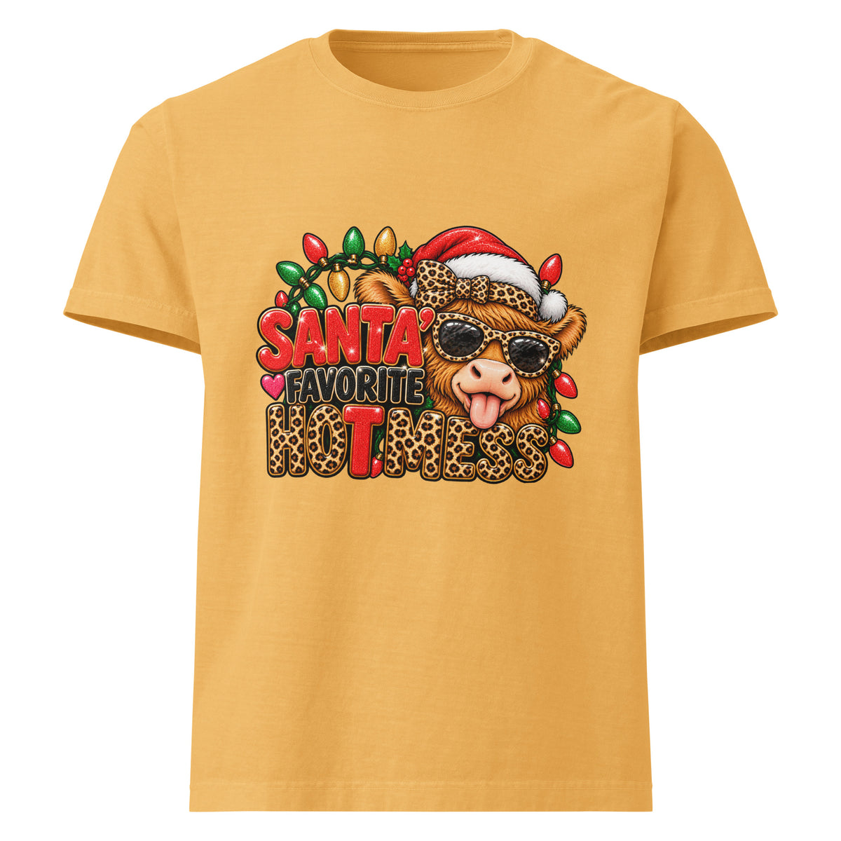 Santa’s Favorite Hot Mess Christmas graphic T-shirt in washed mustard, front view.