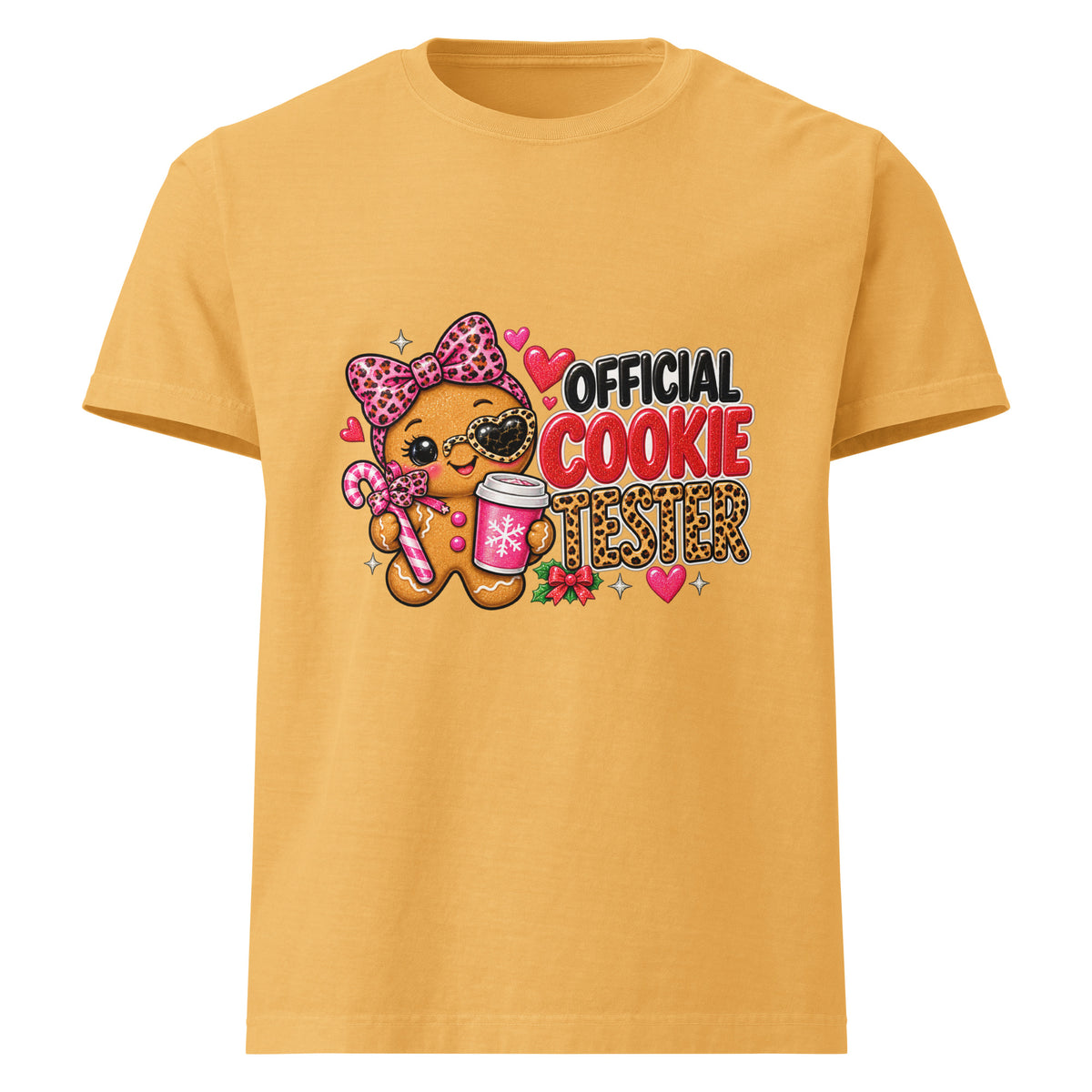 Official Cookie Tester graphic T-shirt in washed mustard, front view