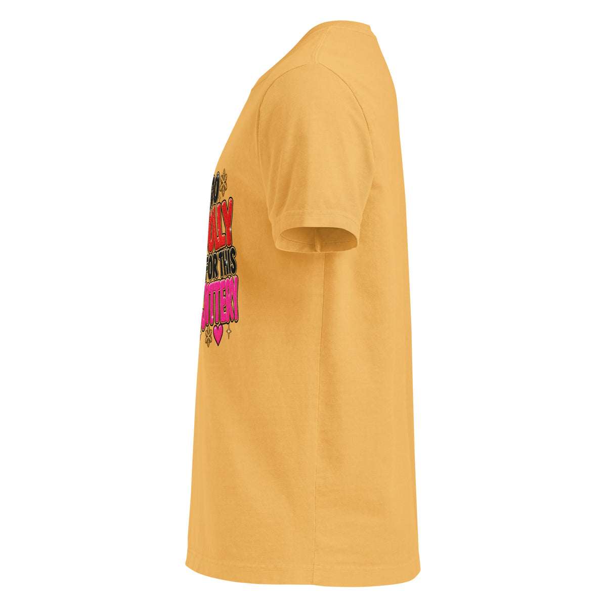 Too Jolly for This Jittery Christmas graphic T-shirt in washed mustard, left-side view.