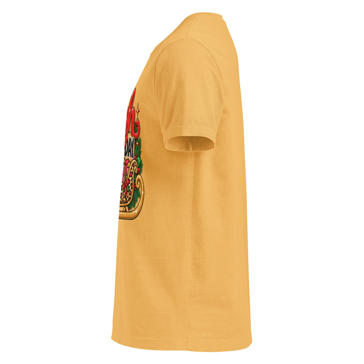 Sleigh All Day Christmas graphic T-shirt in washed mustard, left side view