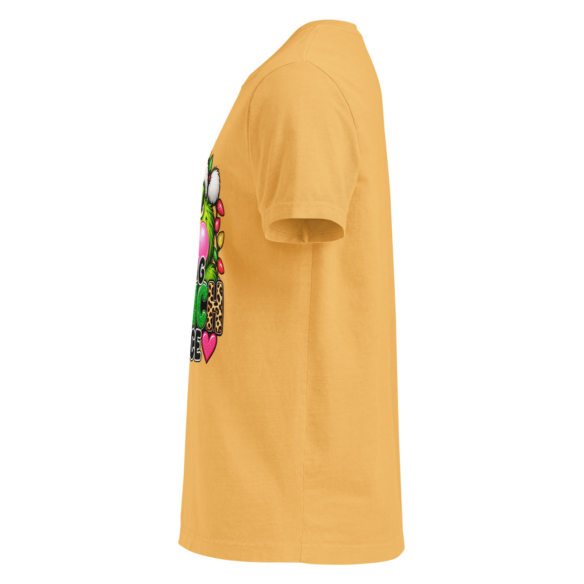 Resting Grinch Face Christmas graphic T-shirt in washed mustard, left-side view.