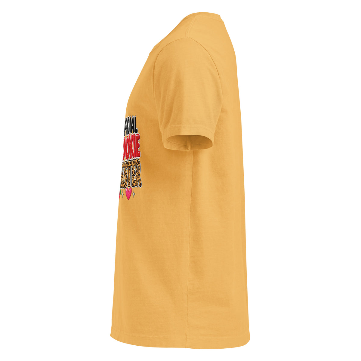 Official Cookie Tester graphic T-shirt in washed mustard, left-side view