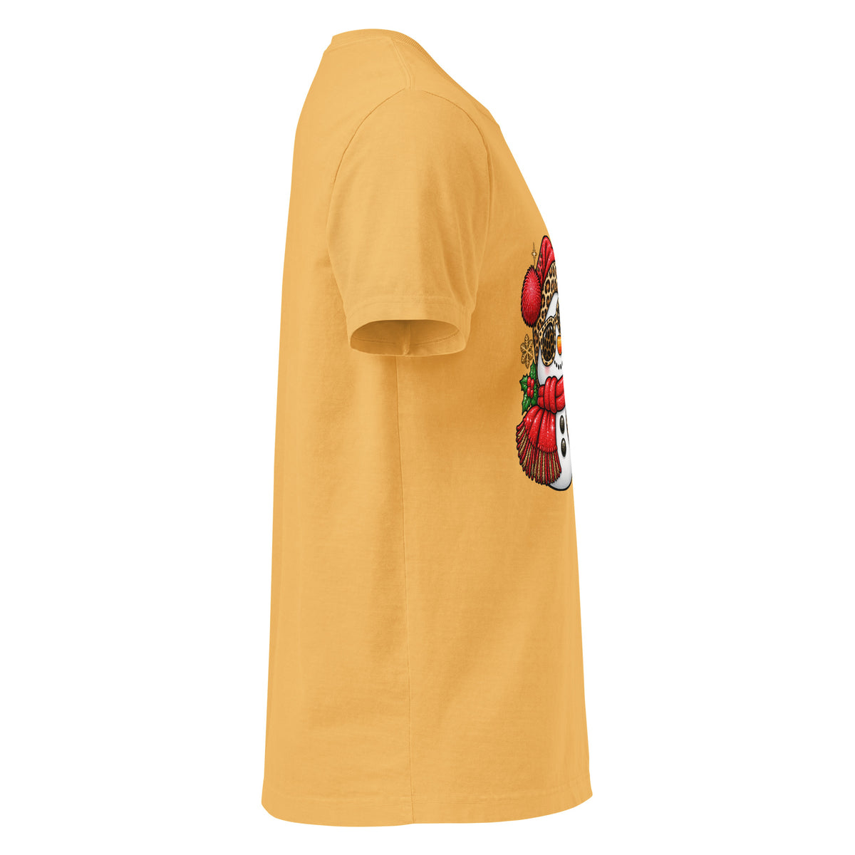 Too Jolly for This Jittery Christmas graphic T-shirt in washed mustard, right-side view.