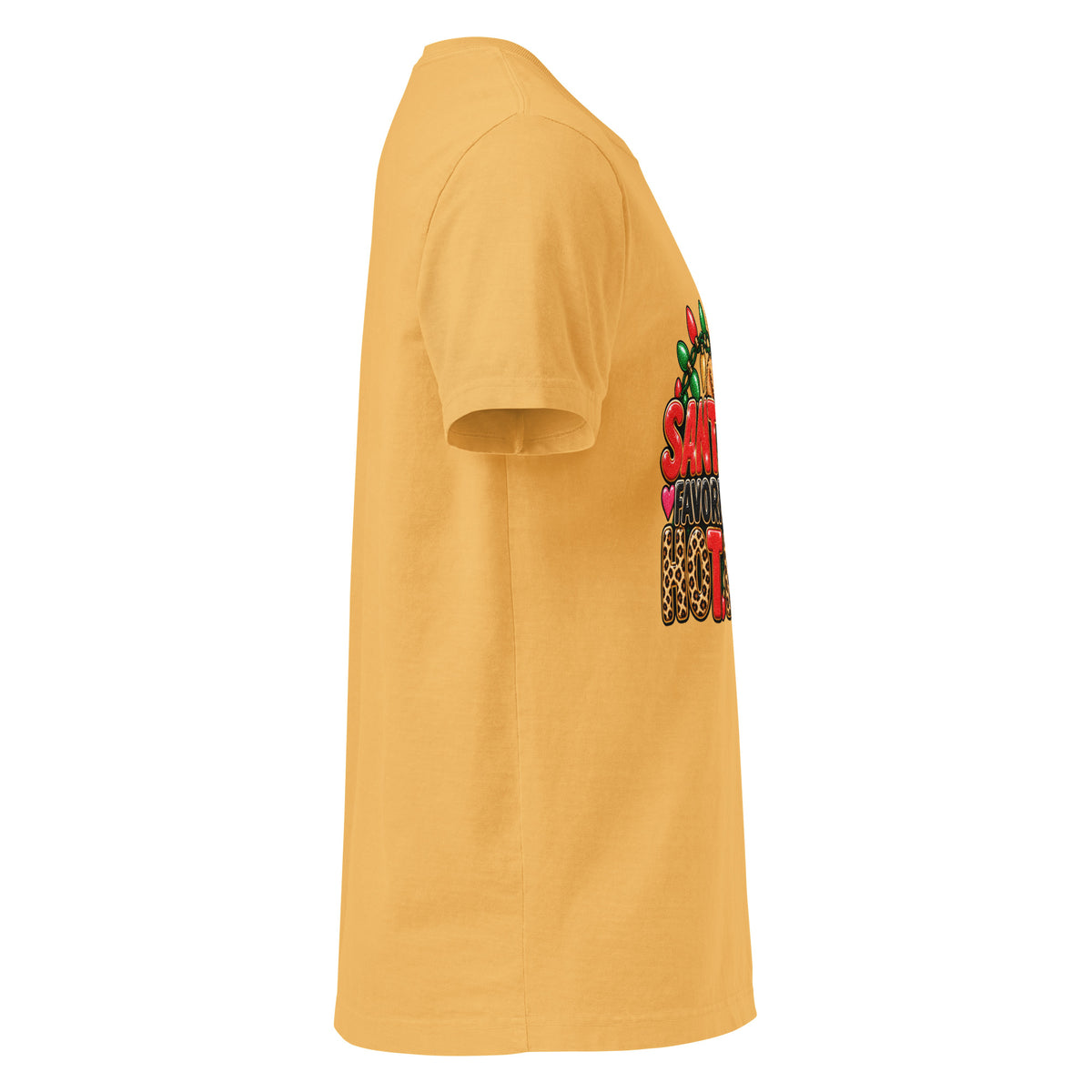 Santa’s Favorite Hot Mess Christmas graphic T-shirt in washed mustard, right-side view.