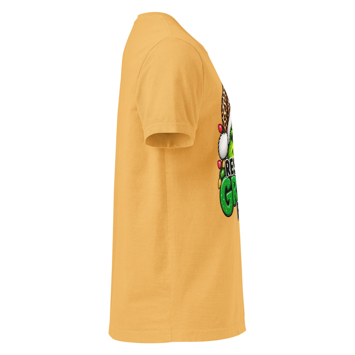 Resting Grinch Face Christmas graphic T-shirt in washed mustard, right-side view.