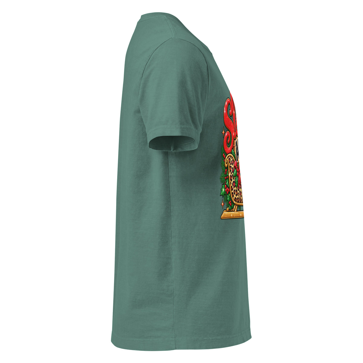 Sleigh All Day Christmas graphic T-shirt in washed pine green, right side view