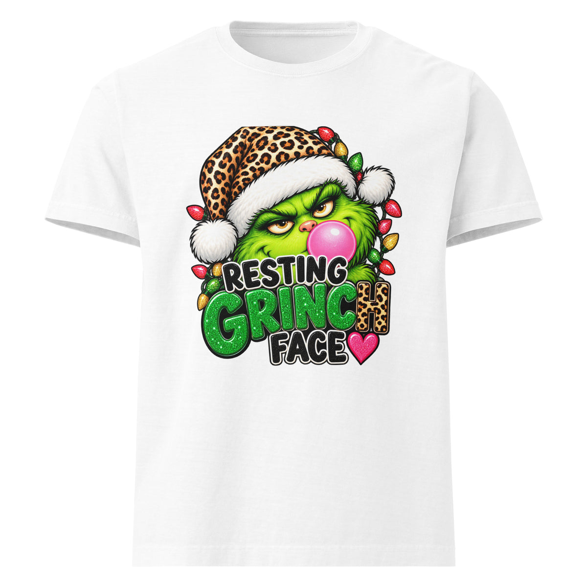 Resting Grinch Face Christmas graphic T-shirt in white, front view.
